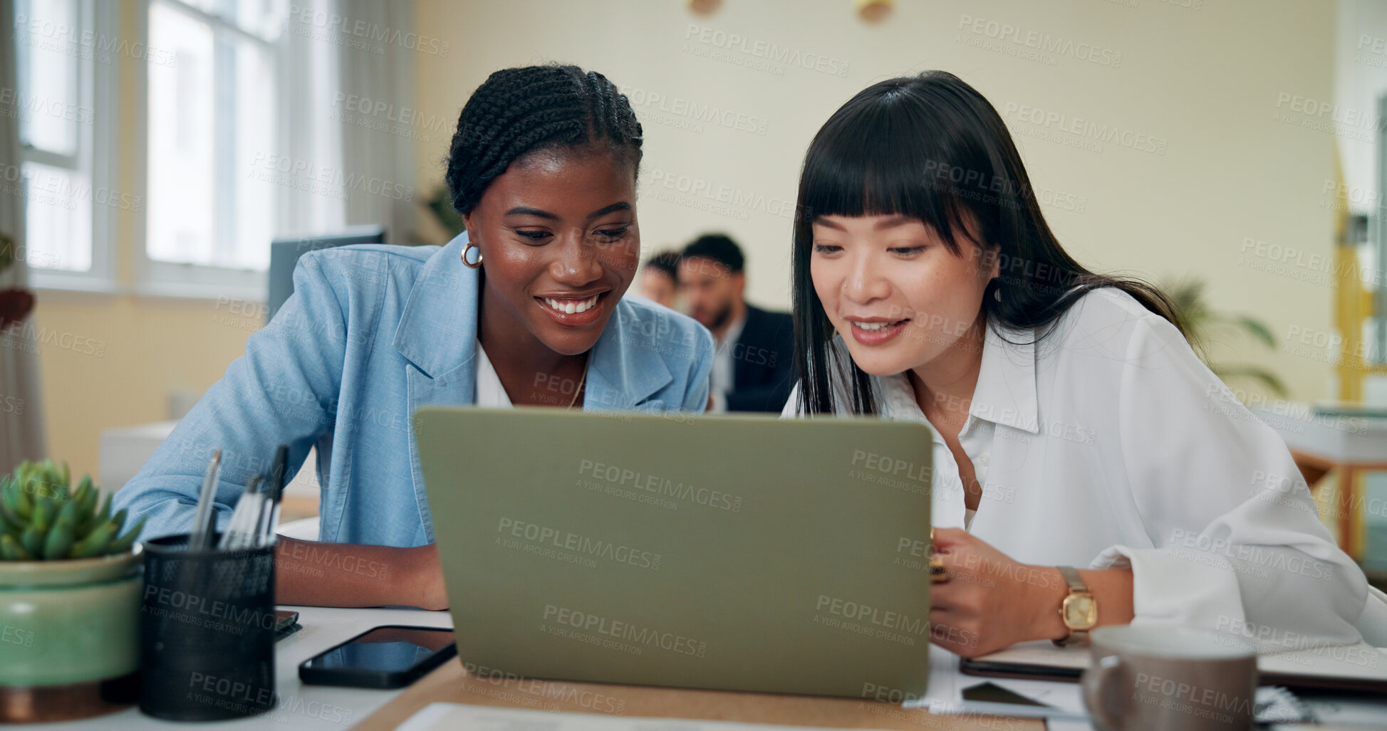 Buy stock photo Business women, laptop and smile in office for feedback, advice or problem solving. Accountant team, collaboration or tech in agency for training, discussion and assistance with learning software