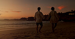 Sunset, holding hands and couple with walking on beach, vacation holiday and bonding together for date. Back, man and woman with peace for love embrace, travel adventure or connection in relationship