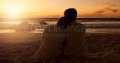 Buy stock photo Back, couple and relax by sunset on beach, vacation holiday and bonding together for anniversary date. Ocean, man and woman with peace for love embrace, travel adventure or connection in relationship