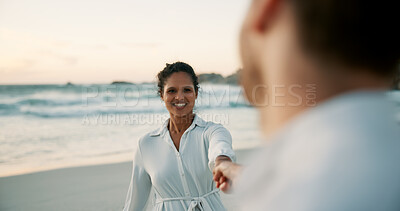 Buy stock photo Beach, couple and holding hands with excited woman, smile and walk on fun adventure. Tropical journey, happiness and romantic people with travel, support and lead partner for freedom or anniversary