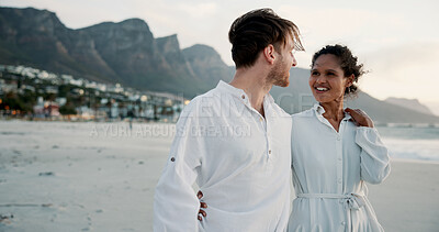 Buy stock photo Vacation, travel and interracial couple embrace at ocean for love, care and healthy relationship. Beach, happy man and woman outdoor for summer holiday, tourism or romantic date with partner for chat