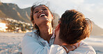 Hug, love and laugh with couple at beach for travel vacation, bonding and romantic date. Happiness, summer holiday and marriage anniversary with man and woman outdoors for relax, adventure and funny