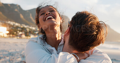 Buy stock photo Hug, love and laugh with couple at beach for travel vacation, bonding and romantic date. Happiness, summer holiday and marriage anniversary with man and woman outdoors for relax, adventure and funny