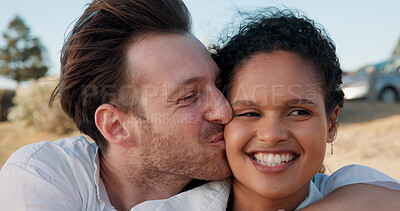 Buy stock photo Kiss, love and smile with couple at beach for travel vacation, bonding and romantic date. Happiness, summer holiday and marriage anniversary with man and woman outdoors for relax, adventure and hug