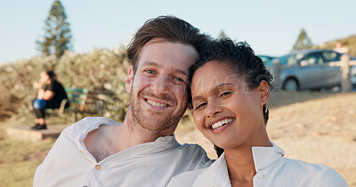 Buy stock photo Love, interracial couple and happy in portrait outdoor for romantic date, relationship support and weekend break. Smile, people and relax in nature for travel holiday, trust or commitment in marriage