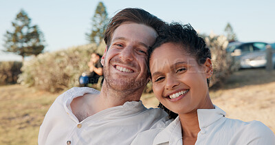 Buy stock photo Love, interracial couple and smile in portrait outdoor for romantic date, relationship support and weekend break. Happy, people and relax in nature for travel holiday, trust or commitment in marriage
