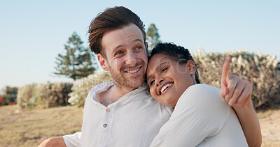 Buy stock photo Hug, love and smile with couple in nature for travel vacation, bonding and romantic date. Happiness, summer holiday and marriage anniversary with man and woman outdoor for relax, adventure and cuddle