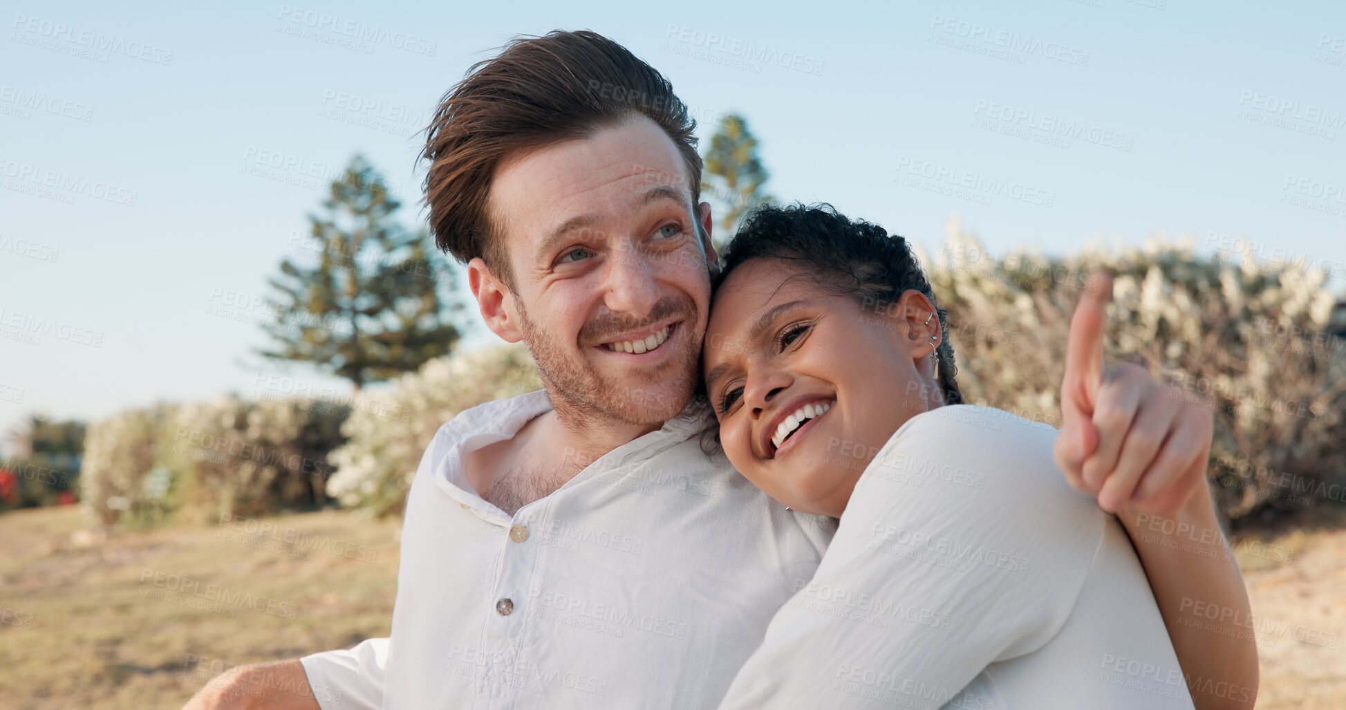 Buy stock photo Hug, love and smile with couple in nature for travel vacation, bonding and romantic date. Happiness, summer holiday and marriage anniversary with man and woman outdoor for relax, adventure and cuddle
