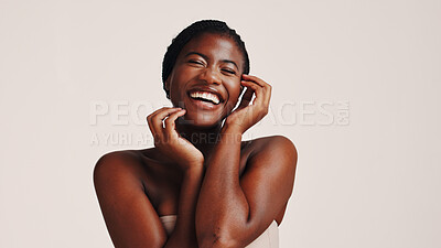 Buy stock photo Beauty, skincare and black woman with laughing in studio for natural glow and hydration treatment results. Mockup space, person and happy with dermatology, wellness and self care on white background