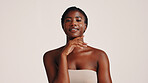 Skincare, confident and portrait of black woman in studio with natural, health or skincare routine. Space, face and African person with dermatology facial treatment for glow by white background.