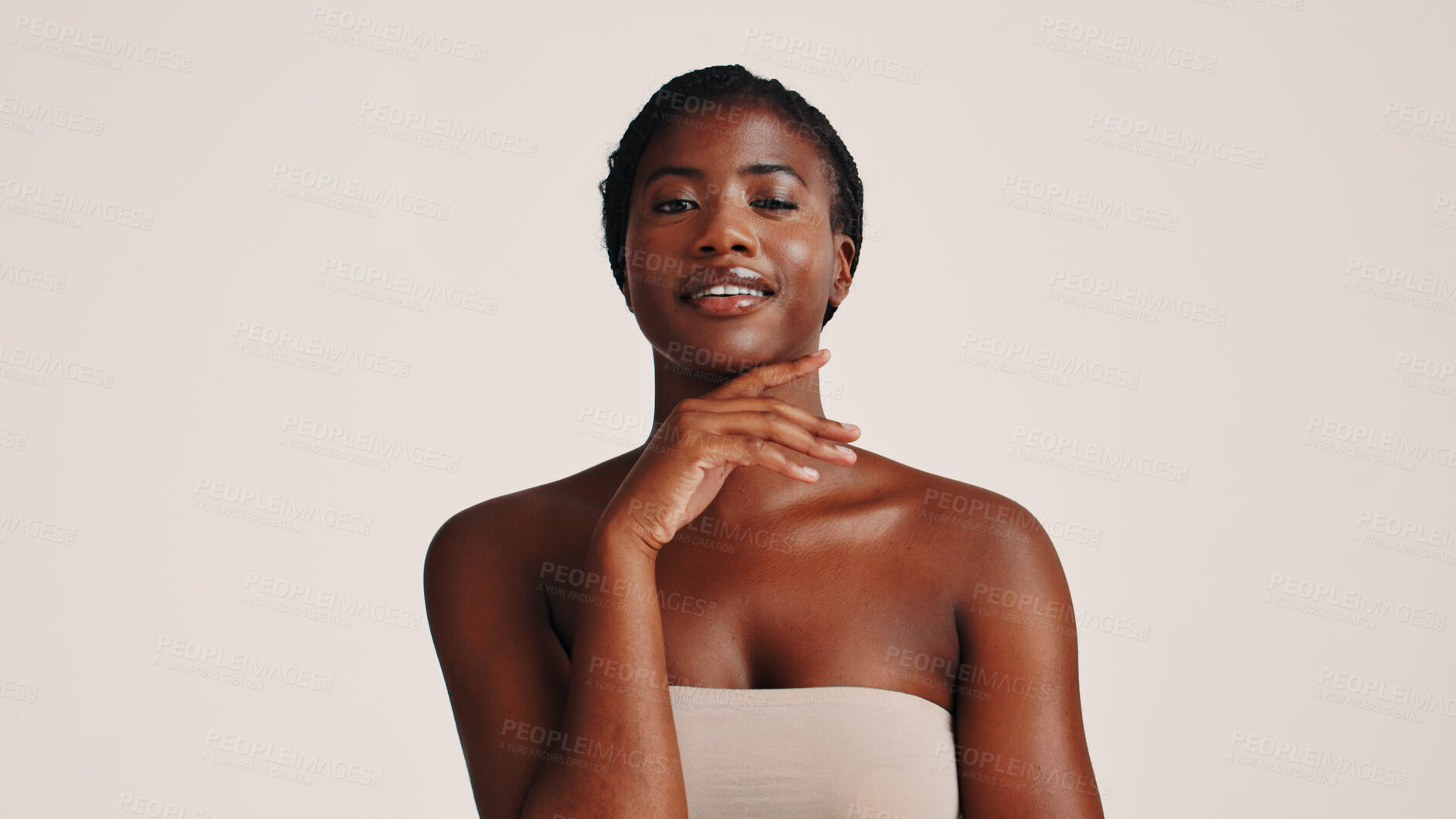 Buy stock photo Beauty, confident and portrait of black woman in studio with natural, health or skincare routine. Space, face and African person with dermatology facial treatment for glow by white background.
