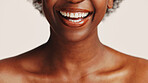 Black woman, teeth and smile for dental hygiene, skincare or cosmetics on white studio background. Closeup, African person and mouth for dentist, tooth whitening or oral and gum care treatment