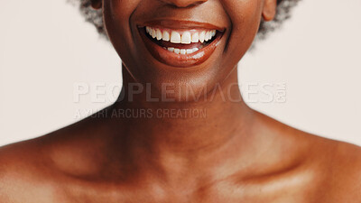 Buy stock photo Black woman, teeth and smile for dental hygiene, skincare or cosmetics on white studio background. Closeup, African person and mouth for dentist, tooth whitening or oral and gum care treatment