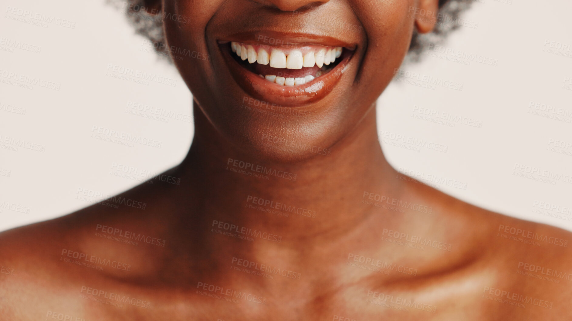Buy stock photo Black woman, teeth and smile for dental hygiene, skincare or cosmetics on white studio background. Closeup, African person and mouth for dentist, tooth whitening or oral and gum care treatment