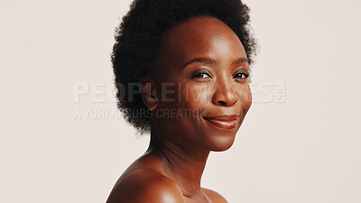Buy stock photo Smile, skincare and portrait of black woman in studio for dermatology, cosmetics and glow. Shine, self care and Collagen with person on white background for spa treatment and moisturizing benefits 