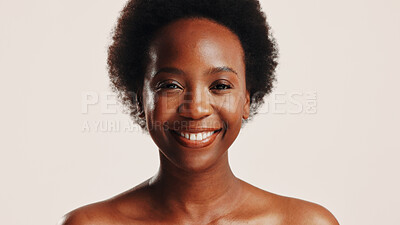 Buy stock photo Beauty, happy and portrait of black woman in studio for dermatology, cosmetics and glow. Shine, self care and Collagen with person on white background for spa treatment and skincare benefits 