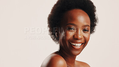 Buy stock photo Beauty, space and portrait of black woman in studio for dermatology, cosmetics and glow. Shine, self care and Collagen with person on white background for spa treatment, smile and skincare mockup