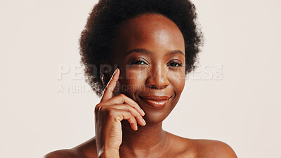 Buy stock photo Beauty, skincare and portrait of black woman in studio for dermatology, cosmetics and glow. Shine, self care and Collagen with person on white background for spa treatment and moisturizing benefits 