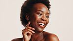 Beauty, skincare and happy with black woman in studio for dermatology, cosmetics and glow. Shine, self care and Collagen with person on white background for spa treatment and moisturizing benefits