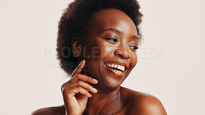 Buy stock photo Beauty, skincare and happy with black woman in studio for dermatology, cosmetics and glow. Shine, self care and collagen with person on white background for spa treatment and moisturizing benefits