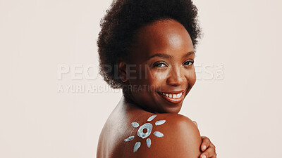 Buy stock photo Portrait, woman and sunscreen on body in studio for hydration, treatment and sun protection. Person, spf cream and natural cosmetics for dermatology of skincare, anti aging shine and white background