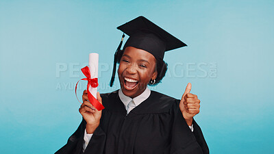 Buy stock photo Graduation, certificate and woman with thumbs up, excited and smile for achievement, university and happiness. Blue background, college and black person with gesture for diploma, portrait and studio