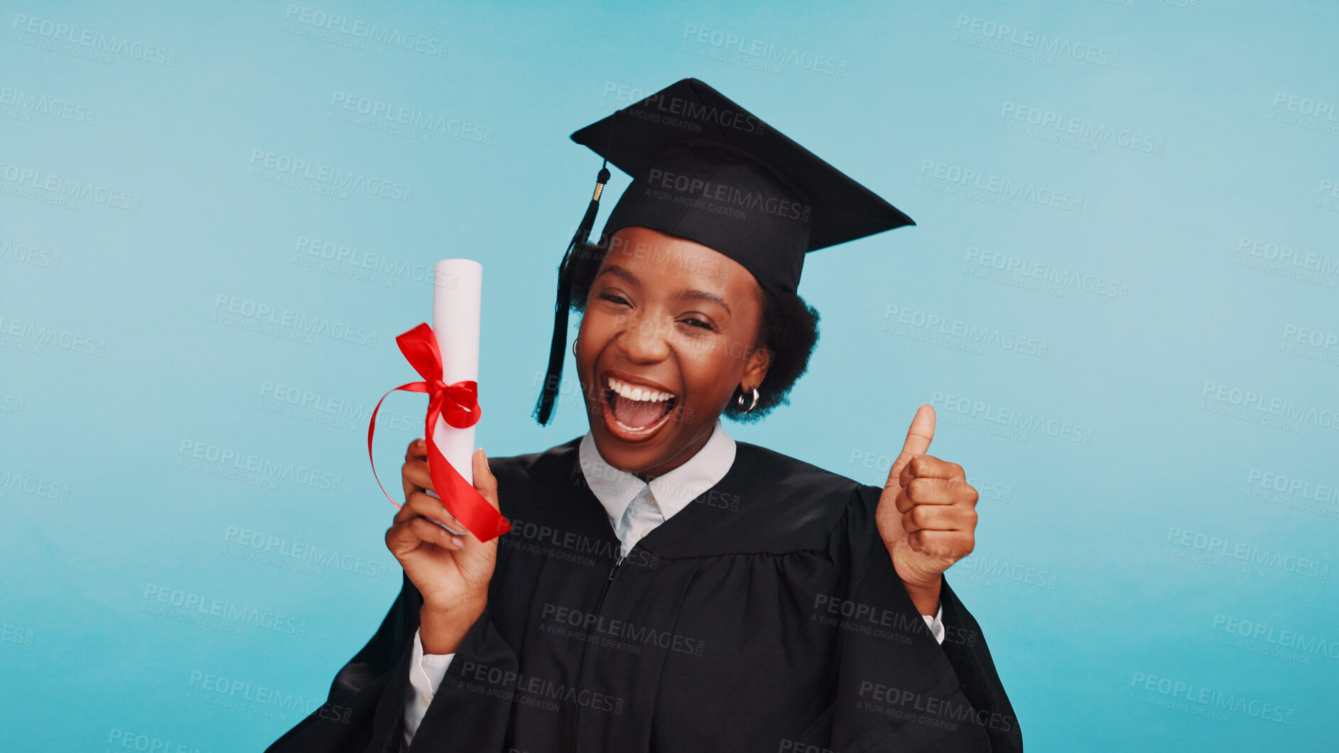 Buy stock photo Graduation, certificate and woman with thumbs up, excited and smile for achievement, university and happiness. Blue background, college and black person with gesture for diploma, portrait and studio