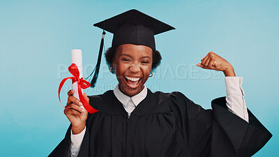 Buy stock photo Black woman, graduation and certificate in studio portrait, flex muscle and knowledge for power by blue background. African girl, student and cheers for diploma, success and celebration in Nigeria