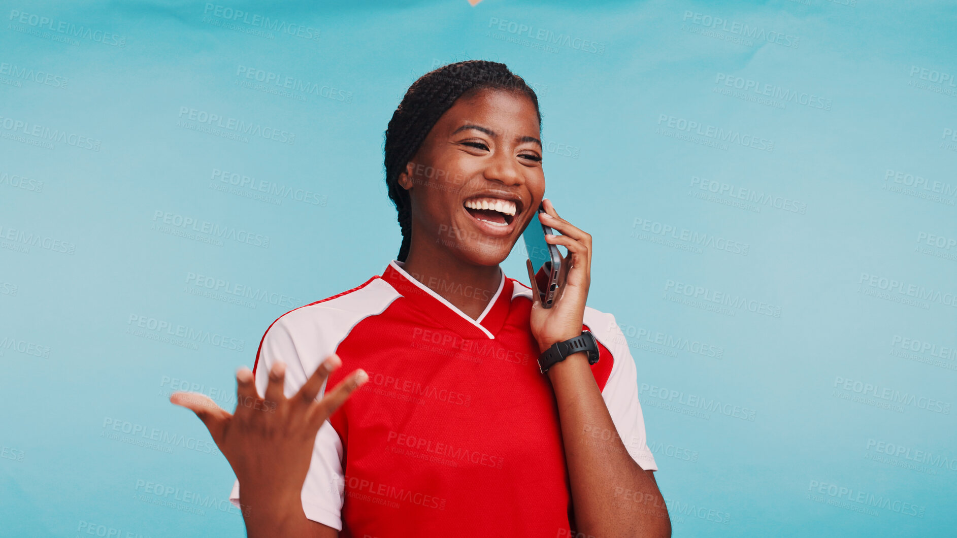 Buy stock photo Black woman, phone call and happy in studio for sports, excited and selection for soccer team by blue background. Girl, athlete and smartphone with smile, good news and success with choice in draft