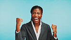 Business, excited black woman and celebrate success in studio, good news and corporate promotion. Fist pump, worker and victory with achievement, winning and reward with triumph on blue background