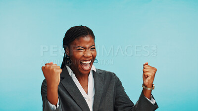 Buy stock photo Success, business woman and fist pump to celebrate winning, good news or corporate milestone. African worker, excited or victory with achievement, goal or reward for space on blue studio background
