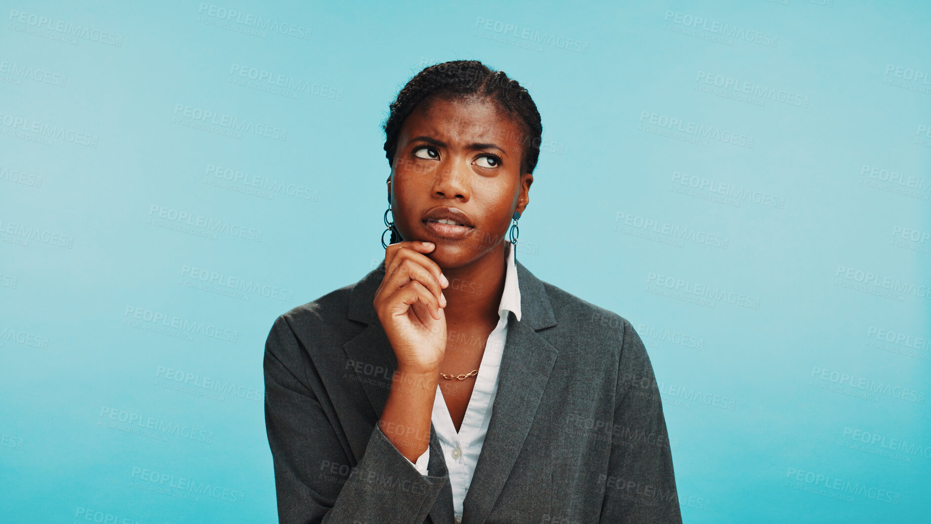 Buy stock photo Studio, black woman and wondering with thinking for business, justice ideas and solution for law firm. Mockup, female person and lawyer with doubt for court case, problem solving and blue background