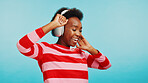 Studio, black woman or excited with music for dance, hip hop or confidence with audio track. Mockup space, female dancer or energy with radio for song, sound or headphone to listen by blue background
