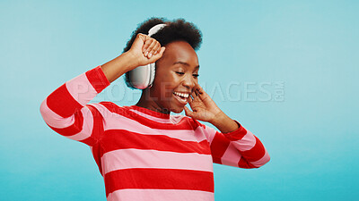 Buy stock photo Studio, black woman or excited with music for dance, hip hop or confidence with audio track. Mockup space, female dancer or energy with radio for song, sound or headphone to listen by blue background