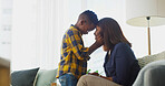 Bonding, family and mom hugging child on sofa in home for mothers day, greeting or morning together. Happy, care and woman embracing boy for support, connection or security in living room at house