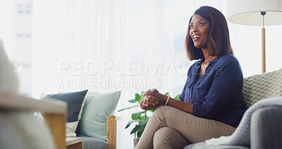 Buy stock photo Therapy, talking and counseling with black woman on sofa for meeting, advice and mental health. Psychologist, support and consulting with person in therapist office for discussion and helping