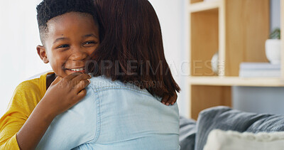 Buy stock photo African child, love and hug mother in home for care, smile and family bonding together. Kid, mom and embrace boy in living room for connection, support and healthy relationship with single parent