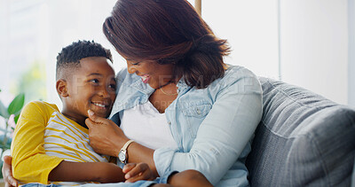 Buy stock photo Family, mom and kid on lap in home for trust, care and bonding together. African mama, child and happy boy in living room for love, support and healthy relationship with single parent on mothers day