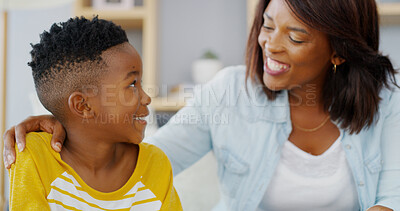 Buy stock photo African mother, child and love in living room with care, trust and family bonding together. Kid, mom and boy in home for connection, support and healthy relationship with single parent with happy son