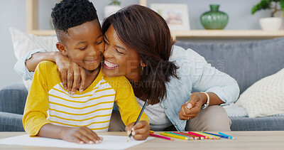 Buy stock photo House, mom and hug for child, studying and helping son in living room, smile and bonding with boy. Home, woman and kid with notebook in lounge, drawing and family in apartment for creative assignment