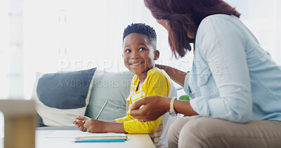 Buy stock photo House, mom or child with homework, education or helping son in living room, smile and bonding with boy. Home, woman or kid with notebook in lounge, knowledge or black family in apartment with support