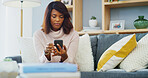 App, phone and student with woman on sofa in living room of home for online enrolment of study course. Communication, development and education with person in apartment to search for college feedback
