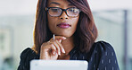 Office, planner and black woman with tablet for reading, administration ideas and online agenda. Business, planning and glasses with consultant on digital app for schedule management, search or notes