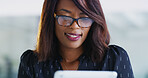 Business, woman and smile with tablet in office for market research, project management system and planning. Accountant, african person and digital app for financial records review or reading email
