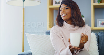 Buy stock photo Daydreaming, smile and woman with coffee, home and relax on couch with memory, living room and thinking. Break, reflection and black person with tea in lounge, remember and contemplating on weekend