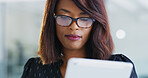 Business, woman and tablet with reading in office for market research, project management system and planning. Accountant, african person and digital app for financial records review and online info