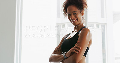 Buy stock photo Portrait, fitness and arms crossed with woman in gym for start of exercise, training or workout routine. Smile, confident and athlete person in health club for improvement or performance with sweat