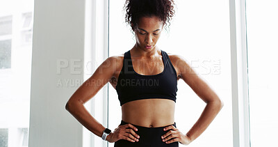 Buy stock photo Tired, woman and rest for fitness at gym with breathing exercise, workout break and training recovery. Active person, relax and sweating with fatigue, sports challenge and exhaustion for performance