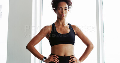 Buy stock photo Portrait, active and woman for fitness at gym for start of exercise, workout and training recovery. Female person, serious and arms on hips for sports challenge, bodybuilding progress and health club