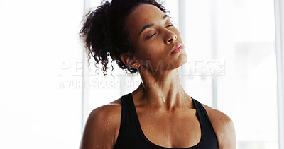 Buy stock photo Neck, stretching and fitness with woman in gym for exercise, training or workout routine. Challenge warm up, confident and athlete person in health club for improvement or performance with break